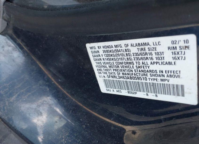 Photo 9 of 2010 Honda Odyssey EX-L (VIN 5FNRL3H63AB059510)