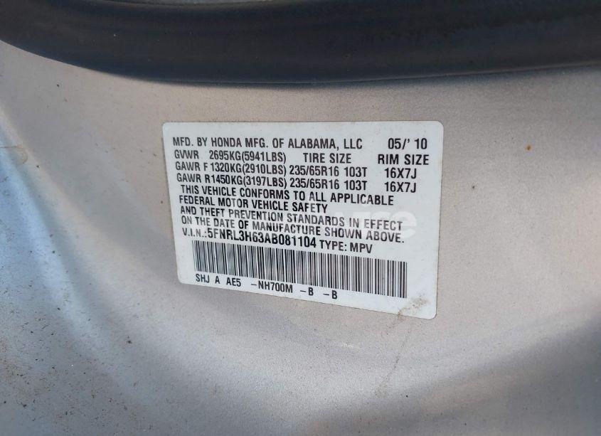 Photo 9 of 2010 Honda Odyssey EX-L (VIN 5FNRL3H63AB081104)