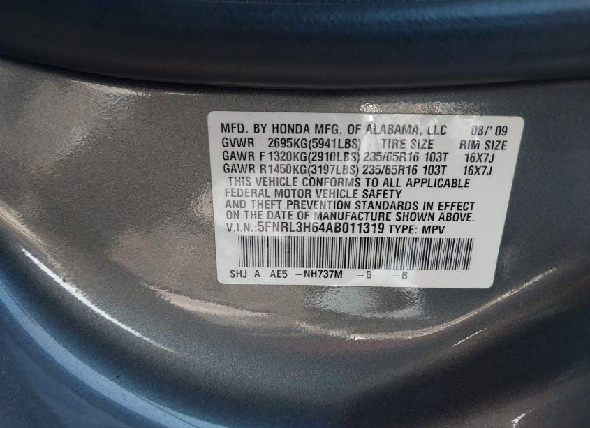 Photo 9 of 2010 Honda Odyssey EX-L (VIN 5FNRL3H64AB011319)