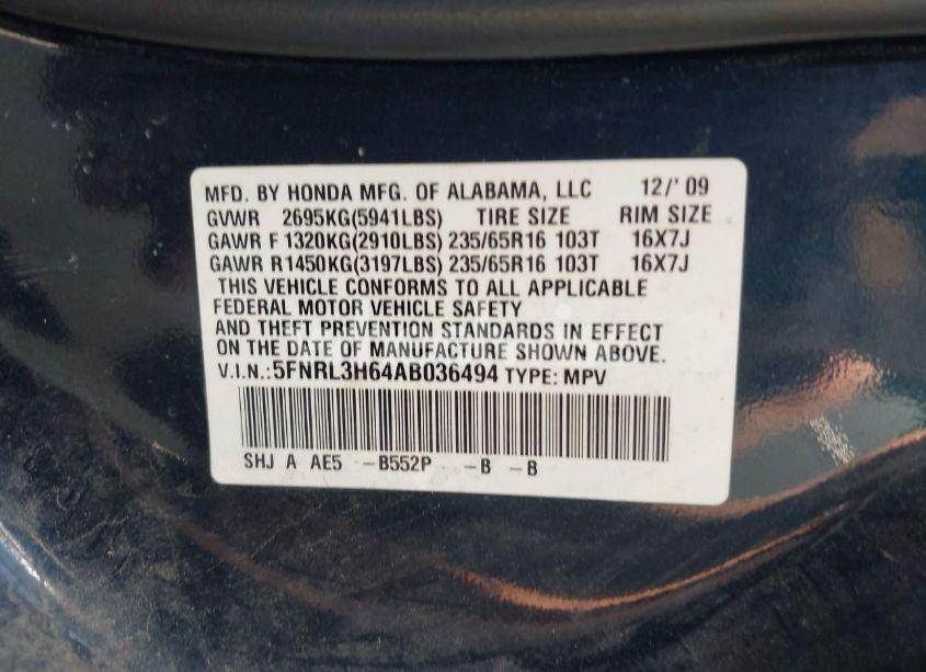 Photo 9 of 2010 Honda Odyssey EX-L (VIN 5FNRL3H64AB036494)
