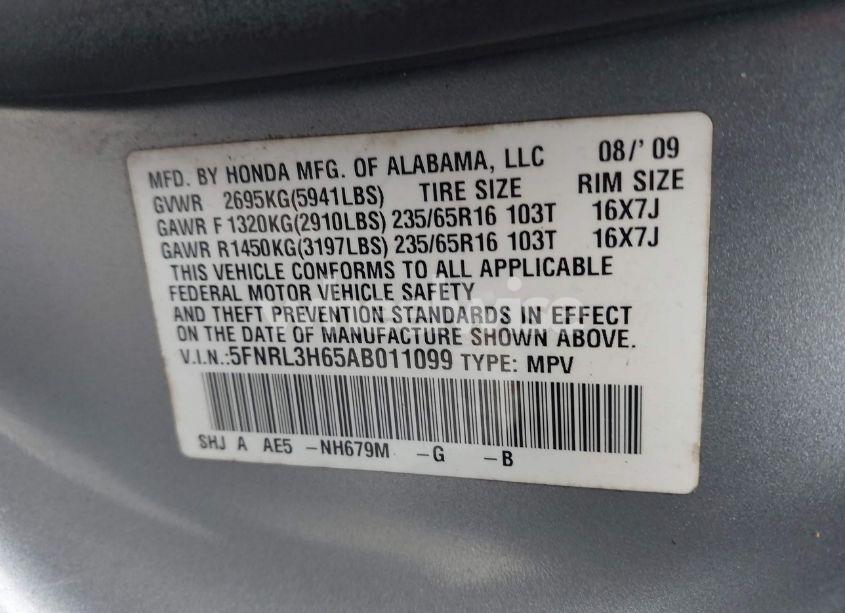 Photo 9 of 2010 Honda Odyssey EX-L (VIN 5FNRL3H65AB011099)