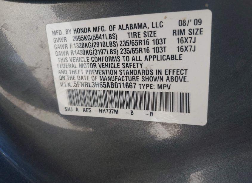 Photo 9 of 2010 Honda Odyssey EX-L (VIN 5FNRL3H65AB011667)