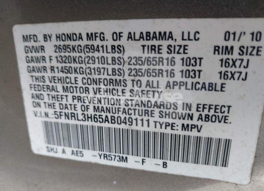 Photo 9 of 2010 Honda Odyssey EX-L (VIN 5FNRL3H65AB049111)