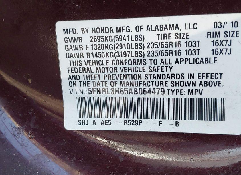 Photo 9 of 2010 Honda Odyssey EX-L (VIN 5FNRL3H65AB064479)