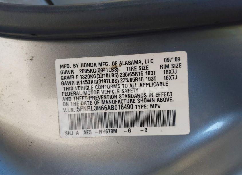 Photo 9 of 2010 Honda Odyssey EX-L (VIN 5FNRL3H66AB016490)
