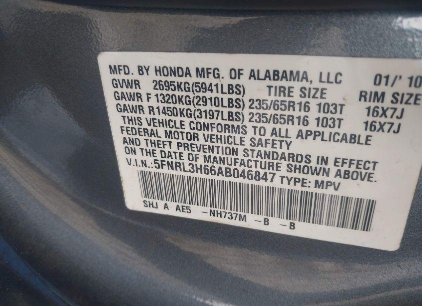 Photo 9 of 2010 Honda Odyssey EX-L (VIN 5FNRL3H66AB046847)