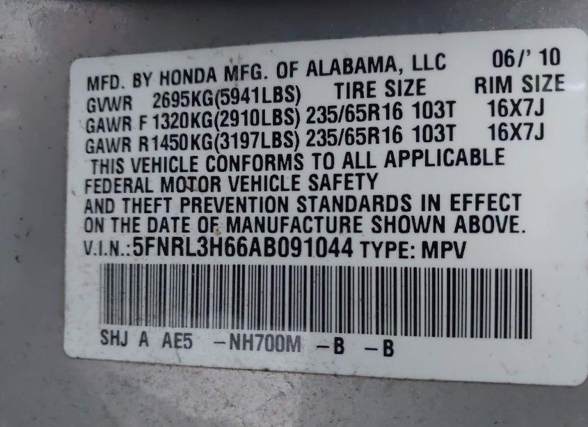 Photo 9 of 2010 Honda Odyssey EX-L (VIN 5FNRL3H66AB091044)