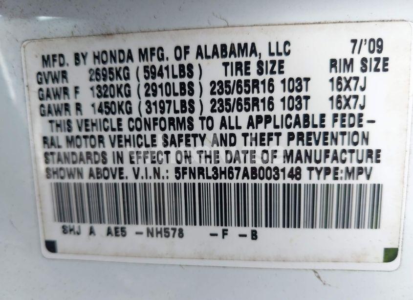 Photo 9 of 2010 Honda Odyssey EX-L (VIN 5FNRL3H67AB003148)