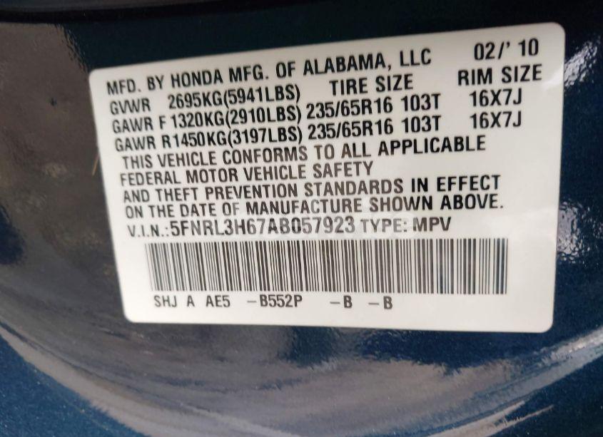 Photo 9 of 2010 Honda Odyssey EX-L (VIN 5FNRL3H67AB057923)