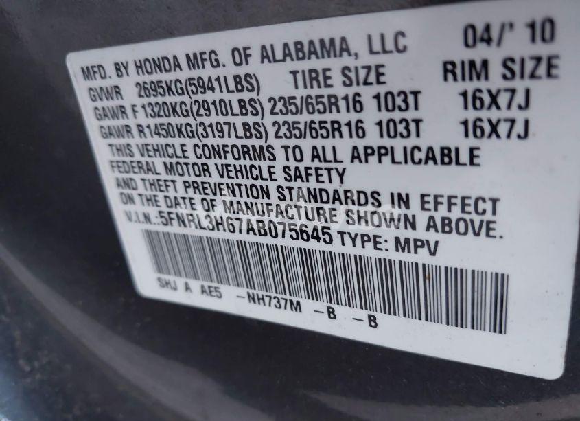 Photo 9 of 2010 Honda Odyssey EX-L (VIN 5FNRL3H67AB075645)