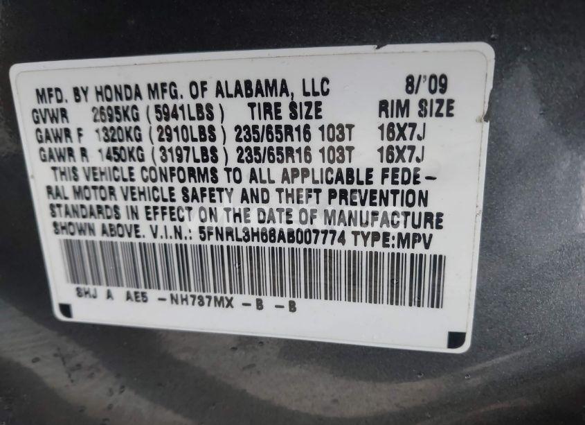 Photo 9 of 2010 Honda Odyssey EX-L (VIN 5FNRL3H68AB007774)