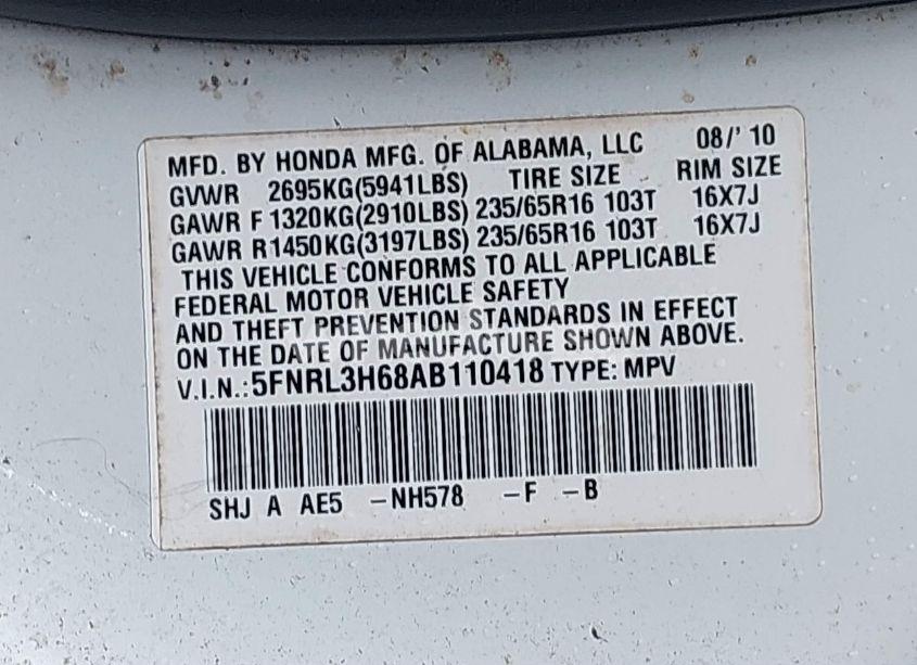 Photo 9 of 2010 Honda Odyssey EX-L (VIN 5FNRL3H68AB110418)