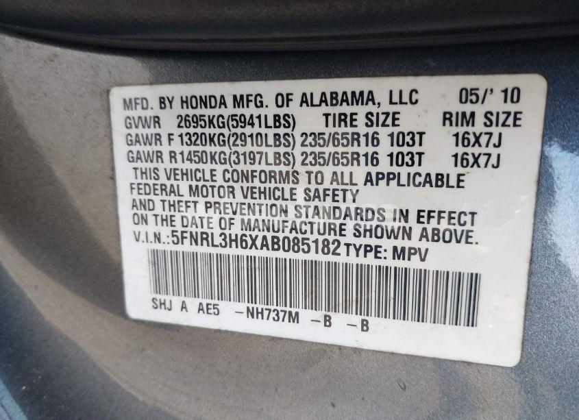 Photo 9 of 2010 Honda Odyssey EX-L (VIN 5FNRL3H6XAB085182)