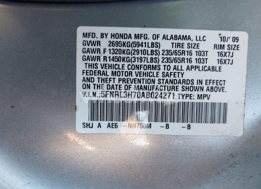 Photo 9 of 2010 Honda Odyssey EX-L (VIN 5FNRL3H70AB024271)