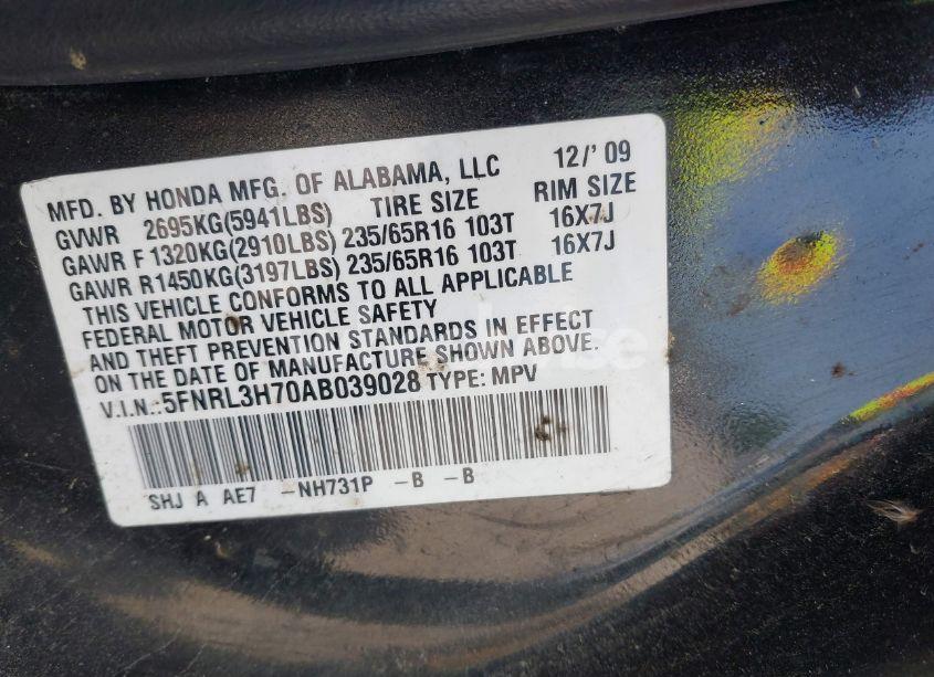 Photo 9 of 2010 Honda Odyssey EX-L (VIN 5FNRL3H70AB039028)