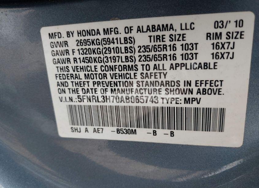 Photo 9 of 2010 Honda Odyssey EX-L (VIN 5FNRL3H70AB065743)
