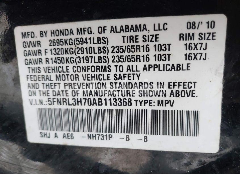 Photo 9 of 2010 Honda Odyssey EX-L (VIN 5FNRL3H70AB113368)