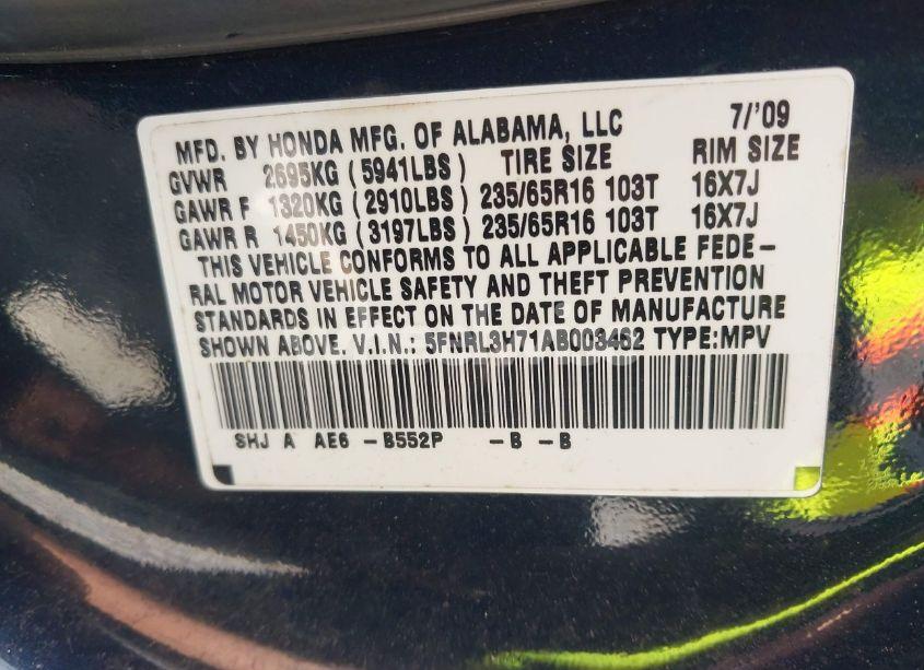 Photo 9 of 2010 Honda Odyssey EX-L (VIN 5FNRL3H71AB003462)