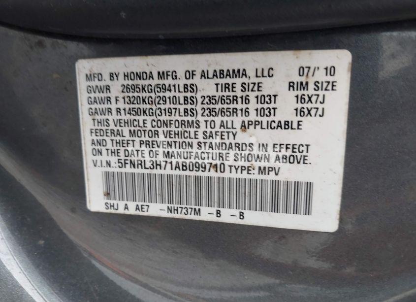 Photo 9 of 2010 Honda Odyssey EX-L (VIN 5FNRL3H71AB099710)