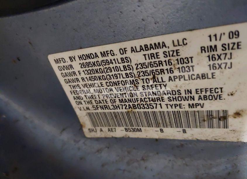 Photo 9 of 2010 Honda Odyssey EX-L (VIN 5FNRL3H72AB033571)