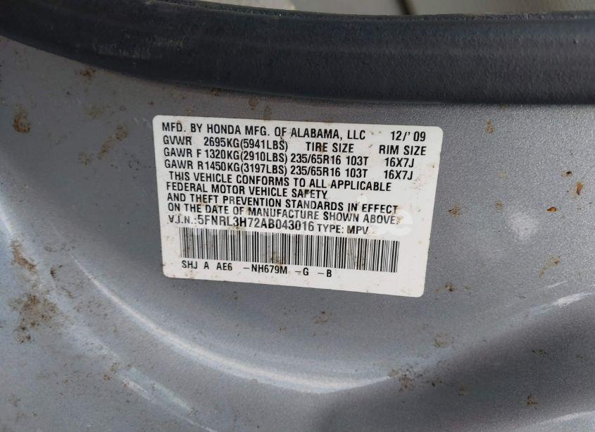 Photo 9 of 2010 Honda Odyssey EX-L (VIN 5FNRL3H72AB043016)