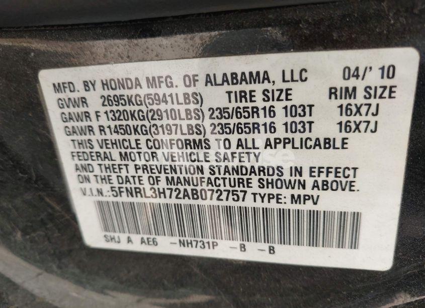 Photo 9 of 2010 Honda Odyssey EX-L (VIN 5FNRL3H72AB072757)