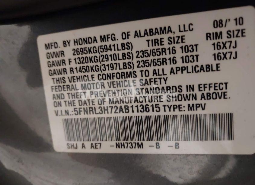 Photo 9 of 2010 Honda Odyssey EX-L (VIN 5FNRL3H72AB113615)