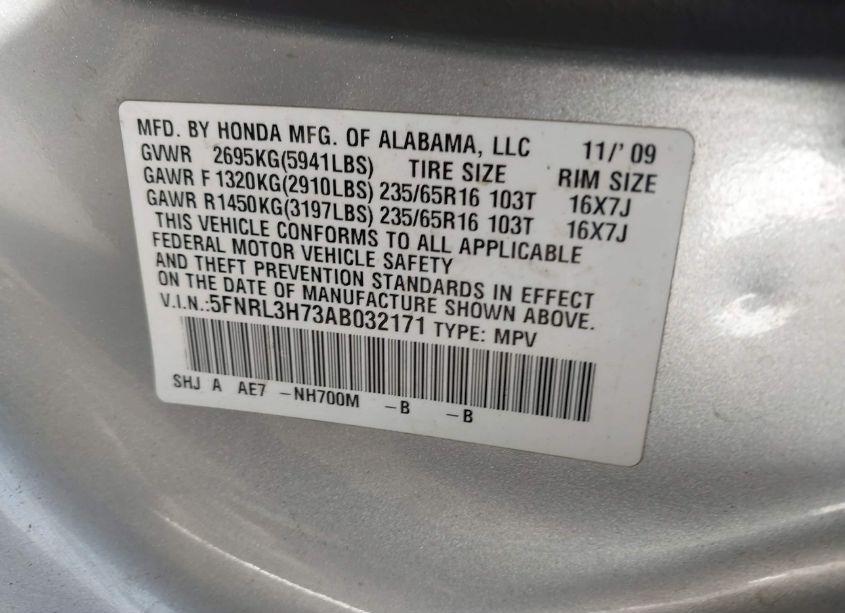 Photo 9 of 2010 Honda Odyssey EX-L (VIN 5FNRL3H73AB032171)