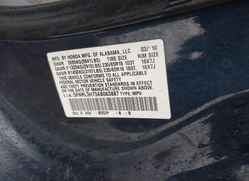 Photo 9 of 2010 Honda Odyssey EX-L (VIN 5FNRL3H73AB063887)