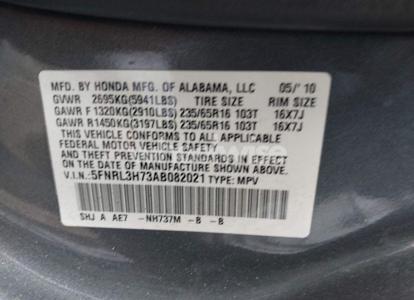 Photo 9 of 2010 Honda Odyssey EX-L (VIN 5FNRL3H73AB082021)