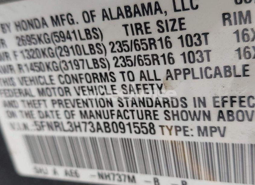 Photo 9 of 2010 Honda Odyssey EX-L (VIN 5FNRL3H73AB091558)