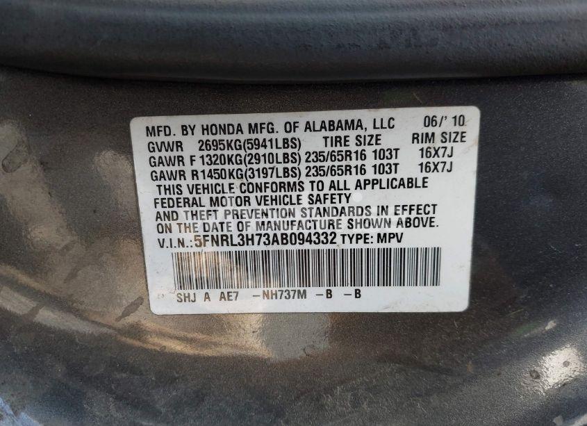 Photo 9 of 2010 Honda Odyssey EX-L (VIN 5FNRL3H73AB094332)