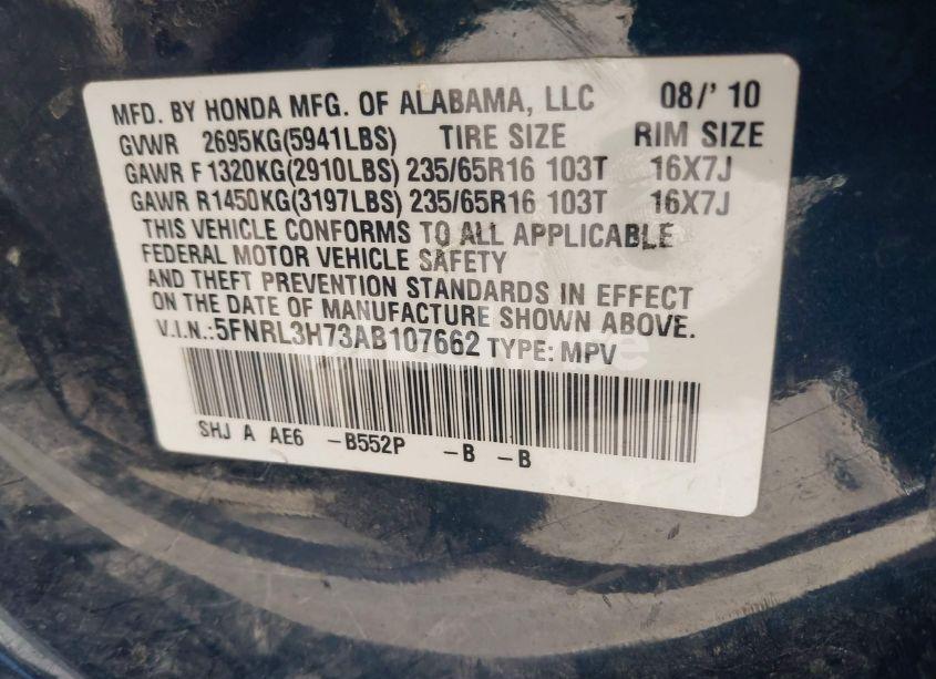 Photo 9 of 2010 Honda Odyssey EX-L (VIN 5FNRL3H73AB107662)