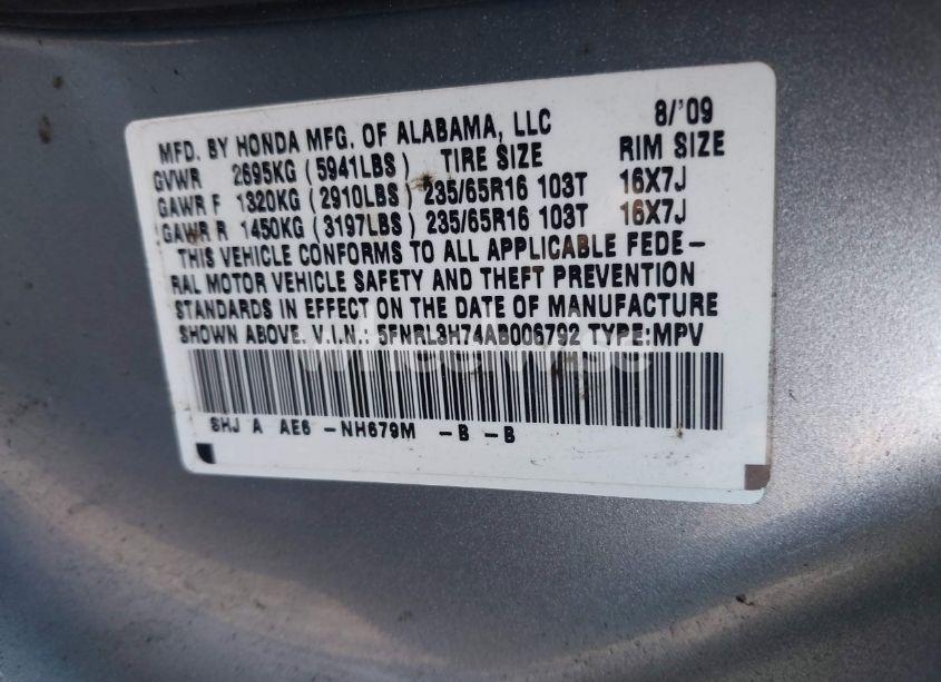 Photo 9 of 2010 Honda Odyssey EX-L (VIN 5FNRL3H74AB006792)