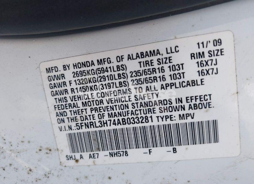 Photo 9 of 2010 Honda Odyssey EX-L (VIN 5FNRL3H74AB033281)