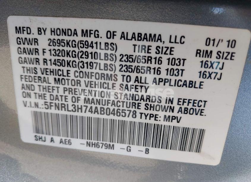 Photo 9 of 2010 Honda Odyssey EX-L (VIN 5FNRL3H74AB046578)