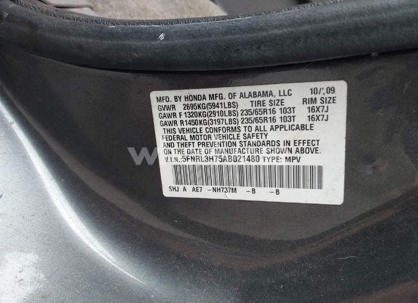 Photo 9 of 2010 Honda Odyssey EX-L (VIN 5FNRL3H75AB021480)