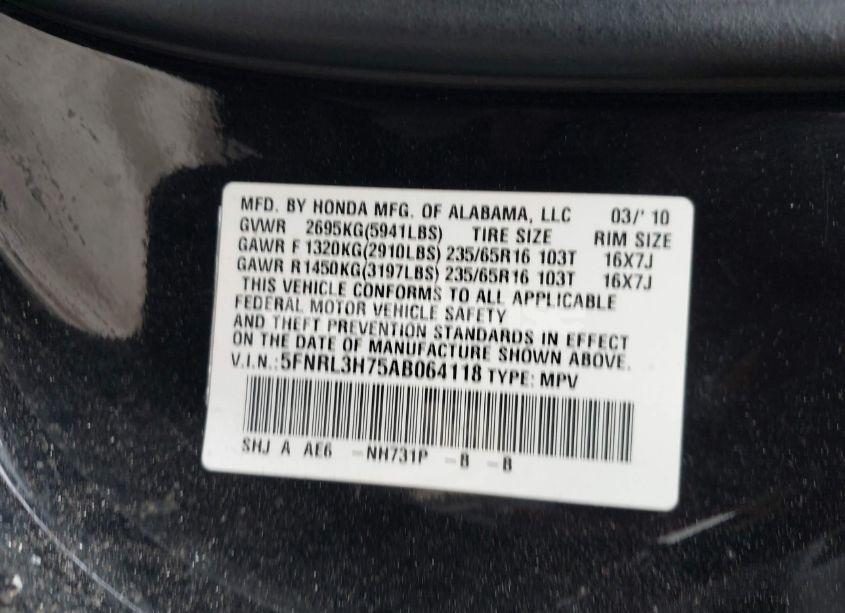 Photo 9 of 2010 Honda Odyssey EX-L (VIN 5FNRL3H75AB064118)