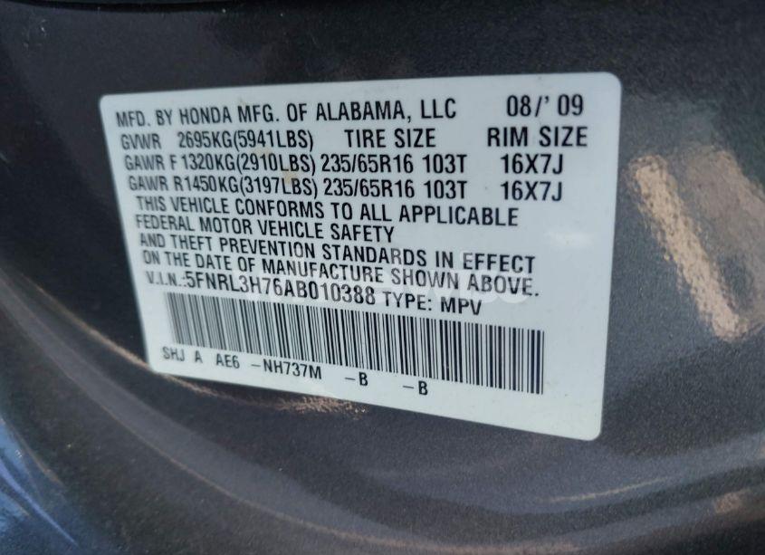 Photo 9 of 2010 Honda Odyssey EX-L (VIN 5FNRL3H76AB010388)