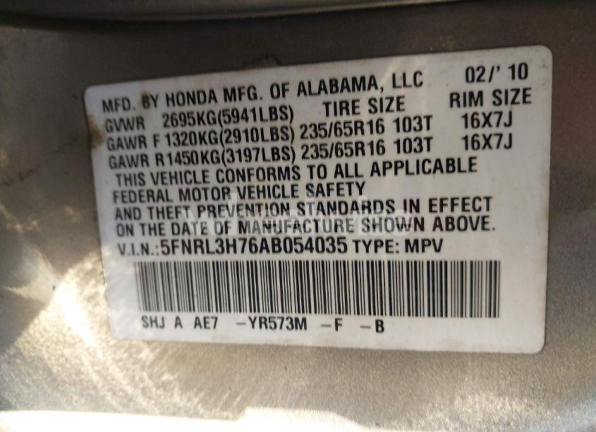 Photo 9 of 2010 Honda Odyssey EX-L (VIN 5FNRL3H76AB054035)