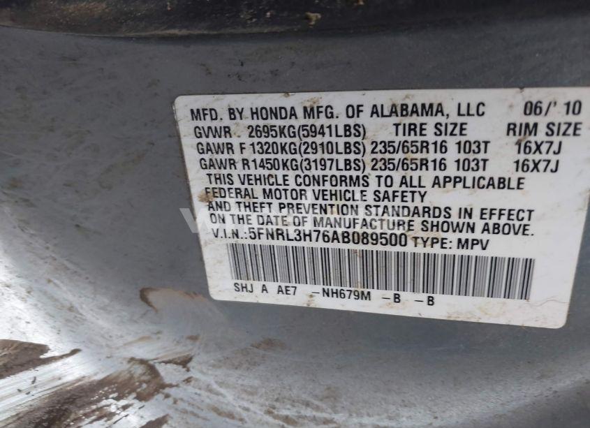 Photo 9 of 2010 Honda Odyssey EX-L (VIN 5FNRL3H76AB089500)