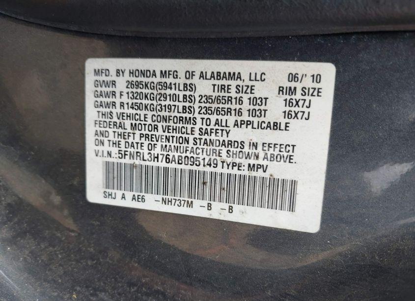Photo 9 of 2010 Honda Odyssey EX-L (VIN 5FNRL3H76AB095149)