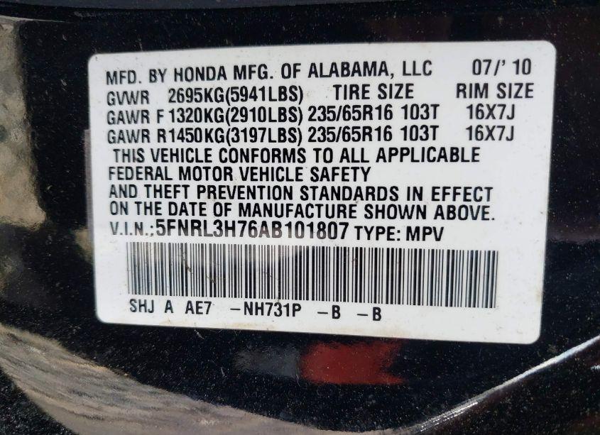 Photo 9 of 2010 Honda Odyssey EXL (VIN 5FNRL3H76AB101807)