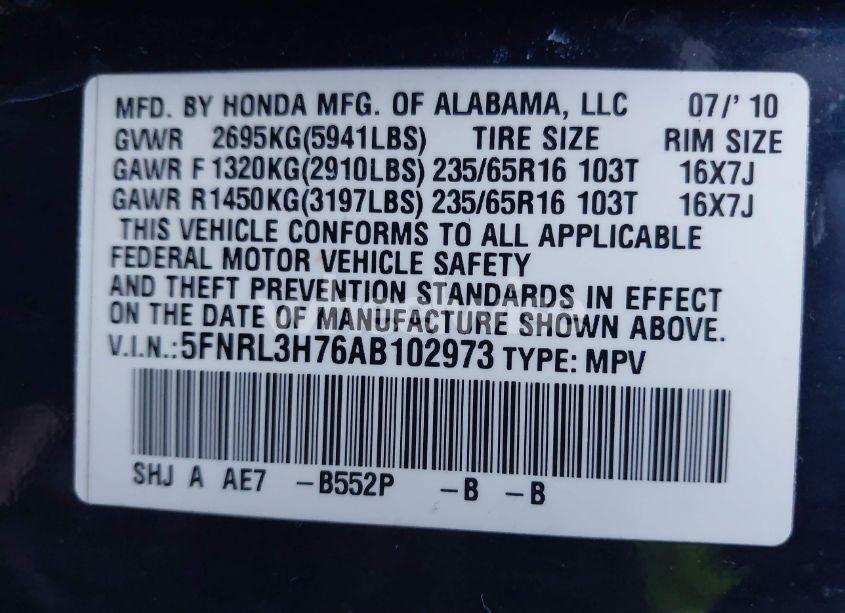 Photo 9 of 2010 Honda Odyssey EX-L (VIN 5FNRL3H76AB102973)