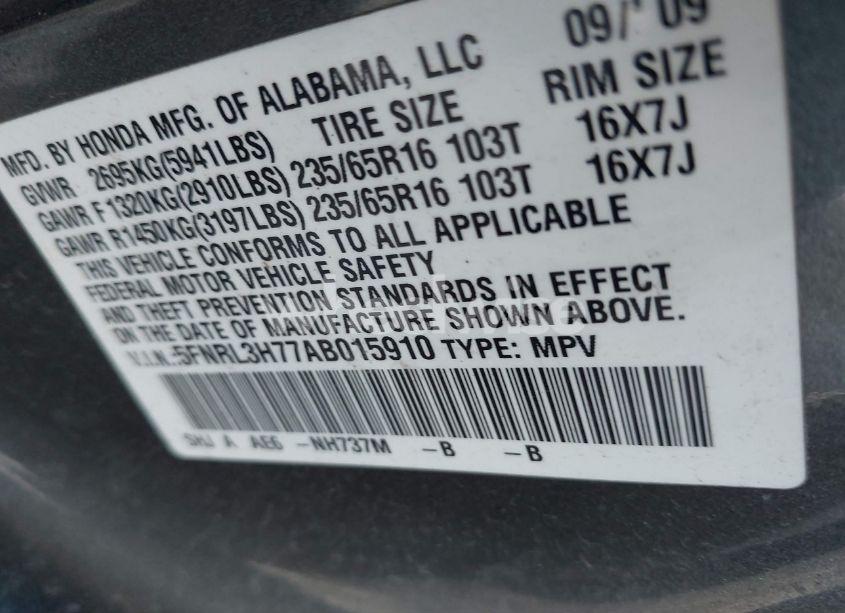 Photo 9 of 2010 Honda Odyssey EX-L (VIN 5FNRL3H77AB015910)
