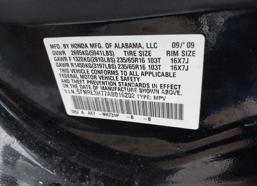 Photo 9 of 2010 Honda Odyssey EX-L (VIN 5FNRL3H77AB016202)