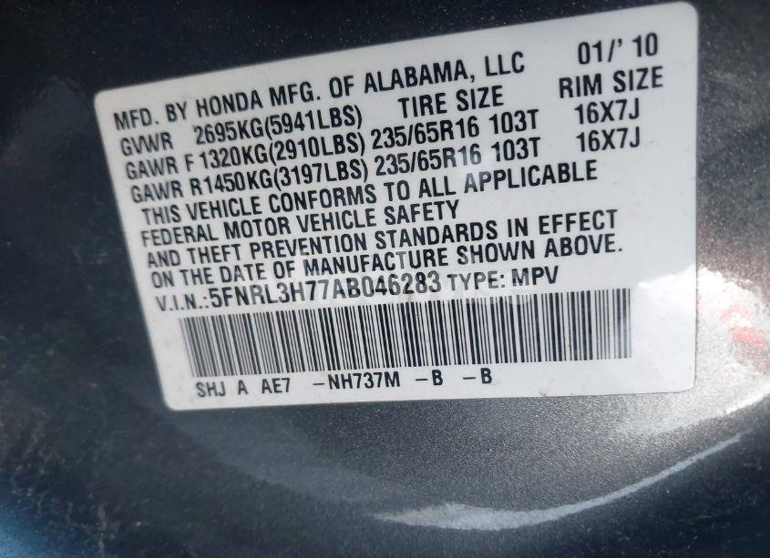 Photo 9 of 2010 Honda Odyssey EX-L (VIN 5FNRL3H77AB046283)