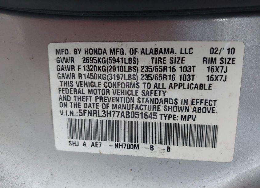 Photo 9 of 2010 Honda Odyssey EX-L (VIN 5FNRL3H77AB051645)