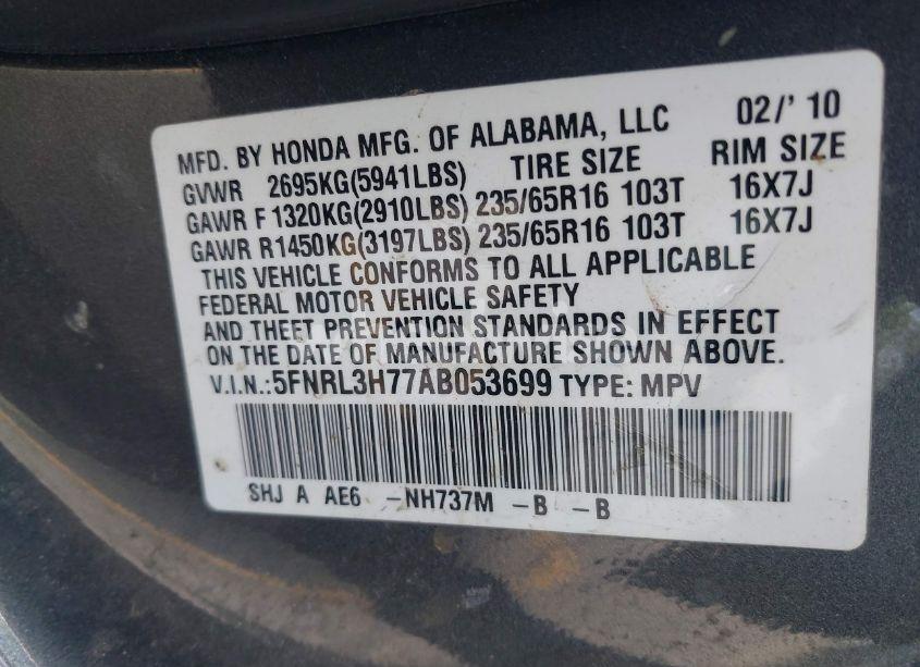 Photo 9 of 2010 Honda Odyssey EX-L (VIN 5FNRL3H77AB053699)