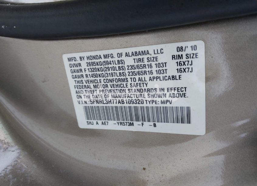 Photo 9 of 2010 Honda Odyssey EX-L (VIN 5FNRL3H77AB109320)